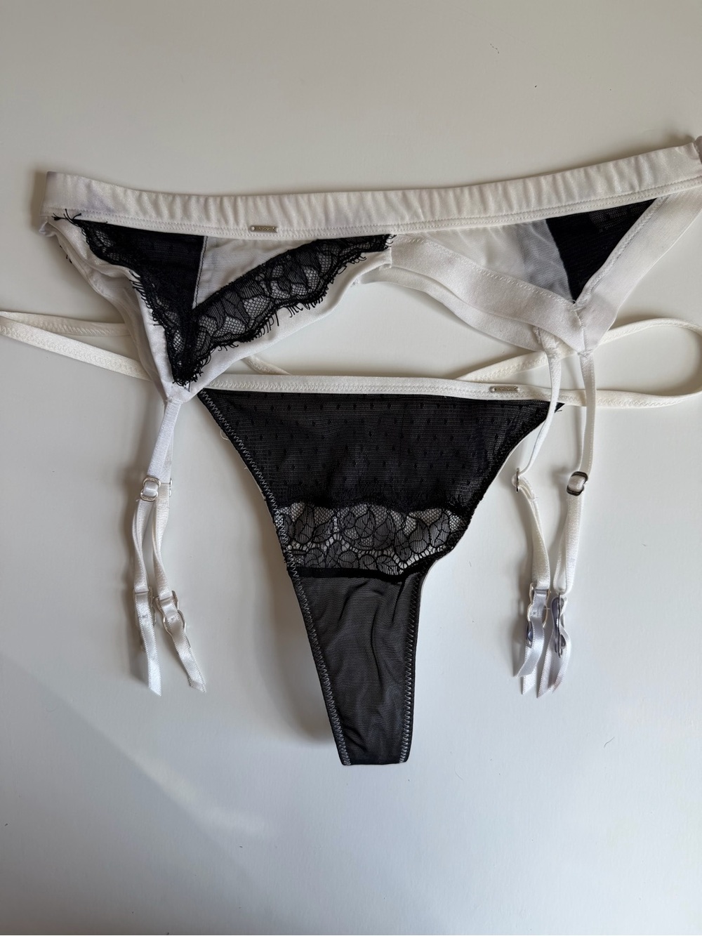Victoria's Secret Black and White Lace Garter Thong